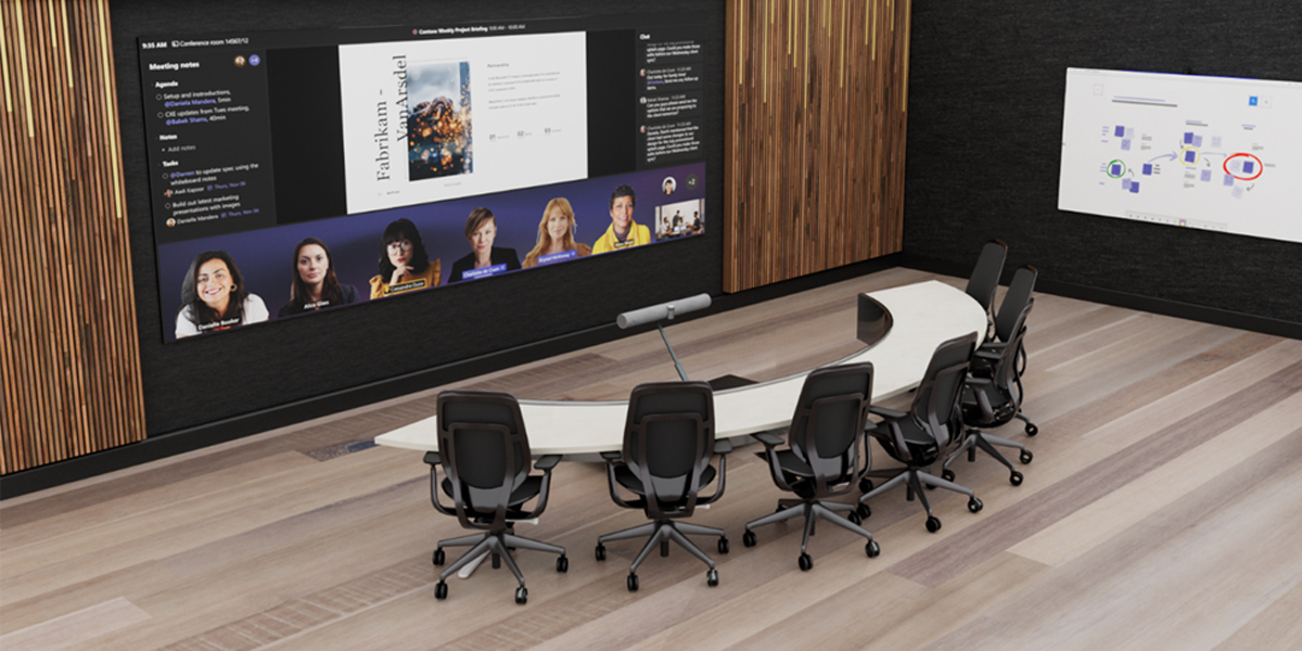Front row view of an immersive media training room with professional AV setup